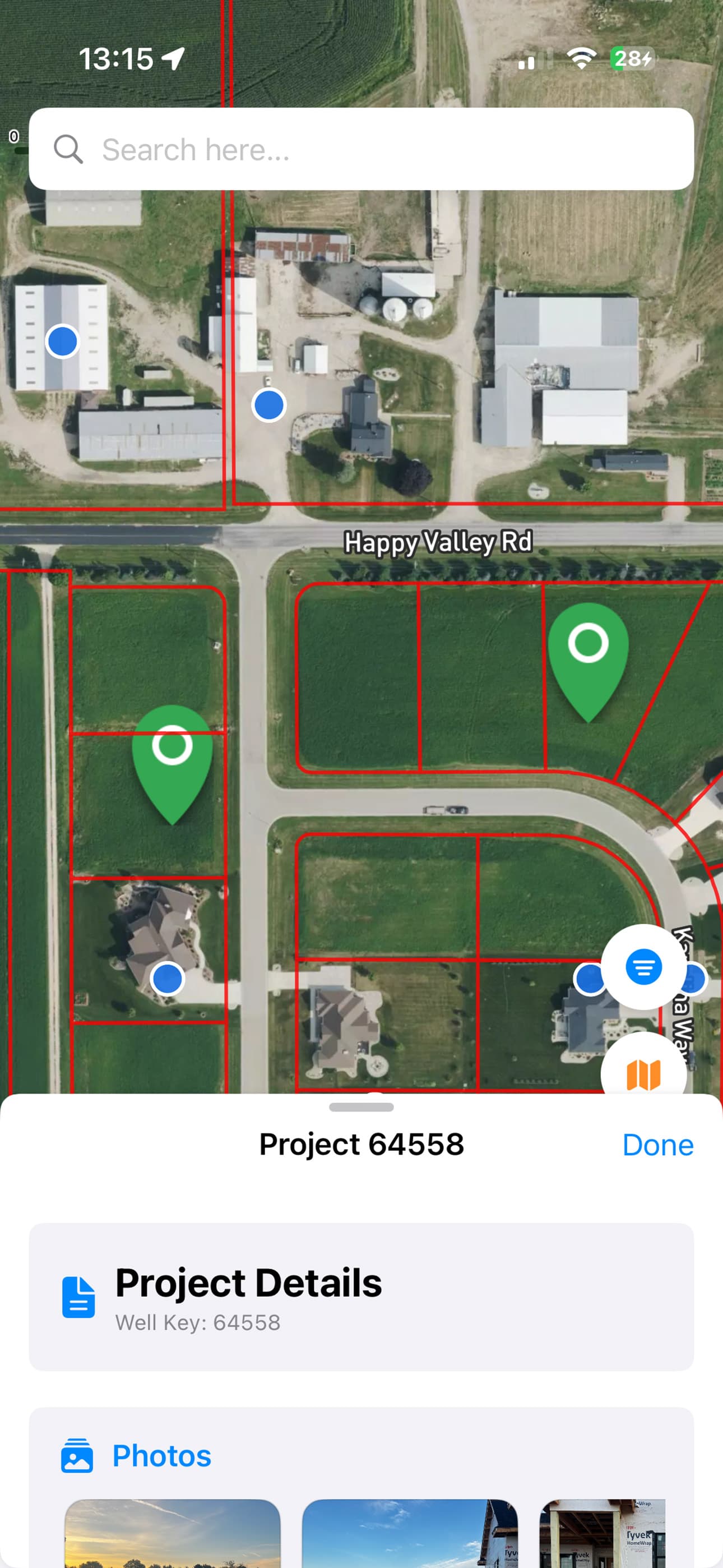 DrillerDB mobile field app — well pins and parcel lines over satellite view