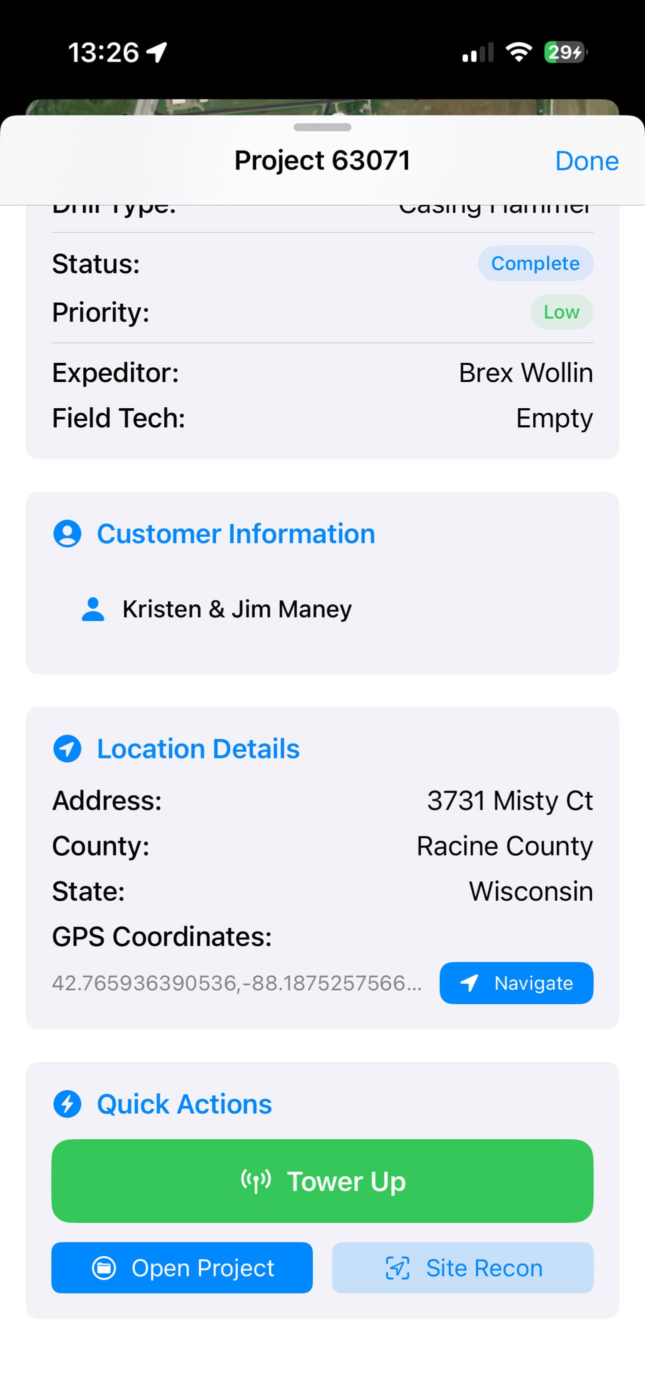 DrillerDB field app — project and well details