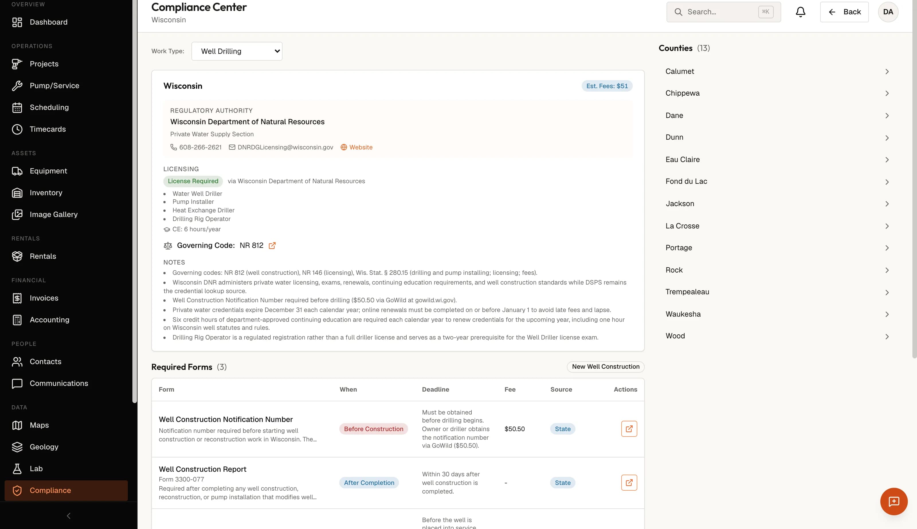 DrillerDB compliance — Wisconsin well construction report auto-filled from the field log