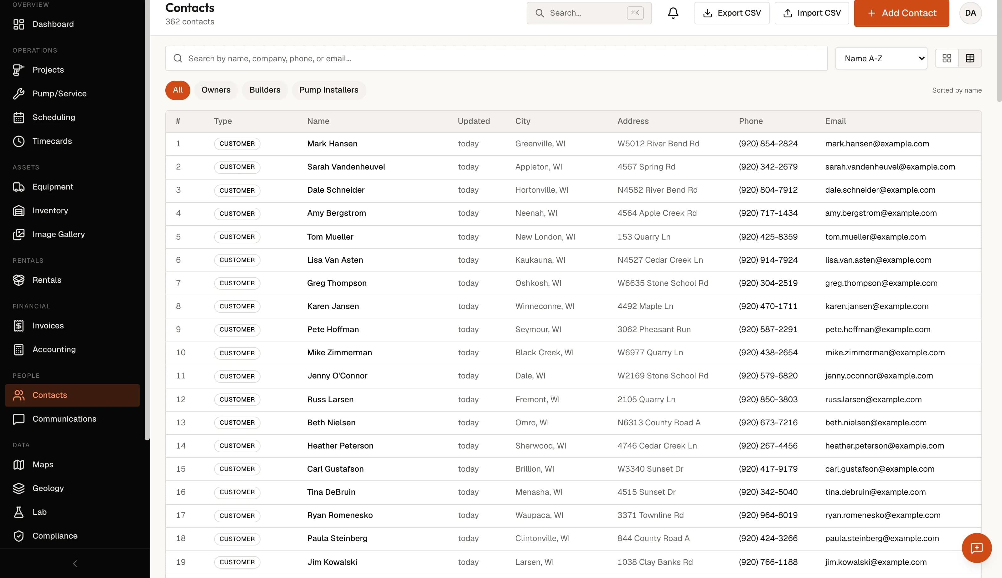 DrillerDB contacts — customers, their wells and job history in one searchable list