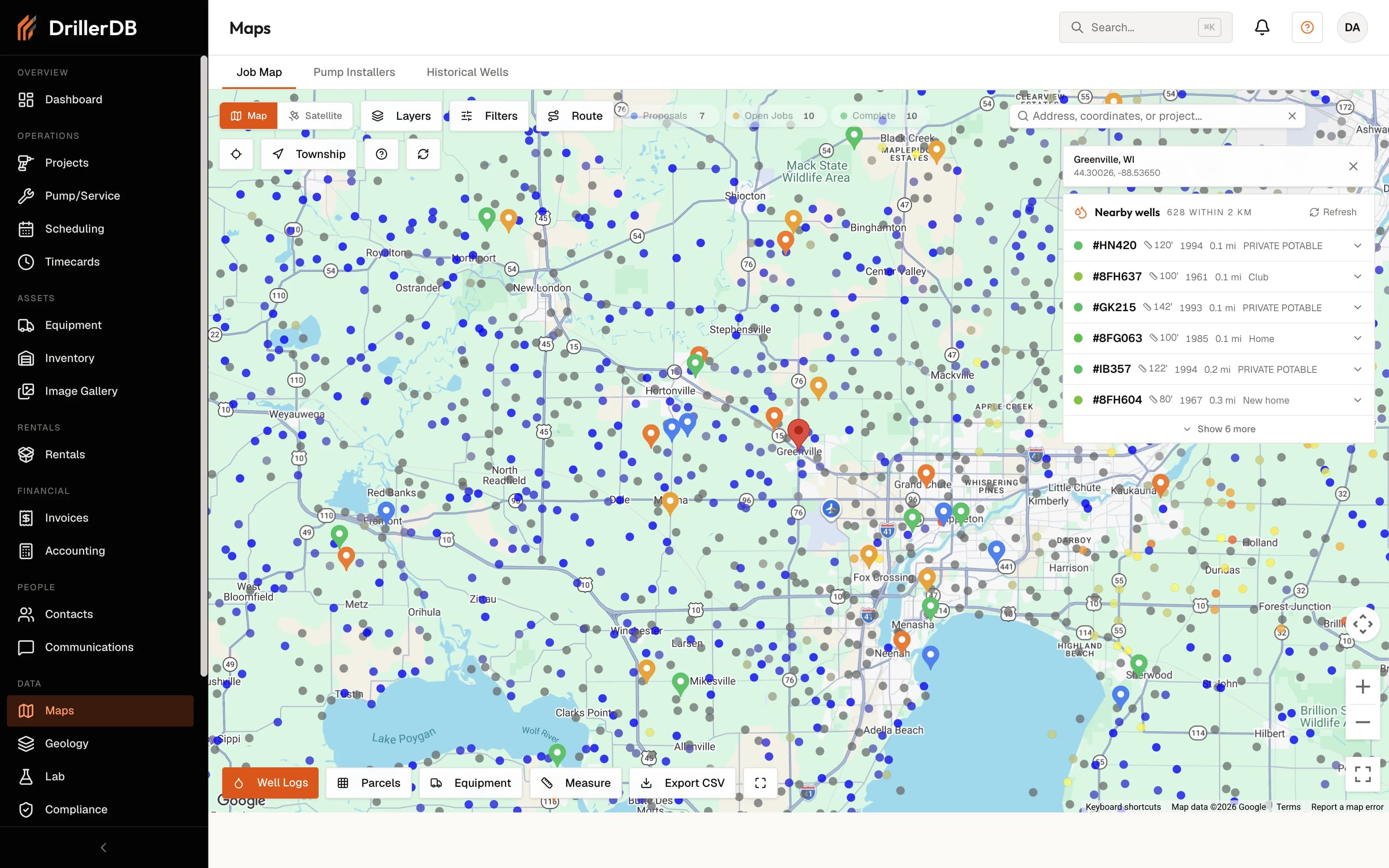 DrillerDB job map — scheduled jobs, offset well records and nearby well depths on one map
