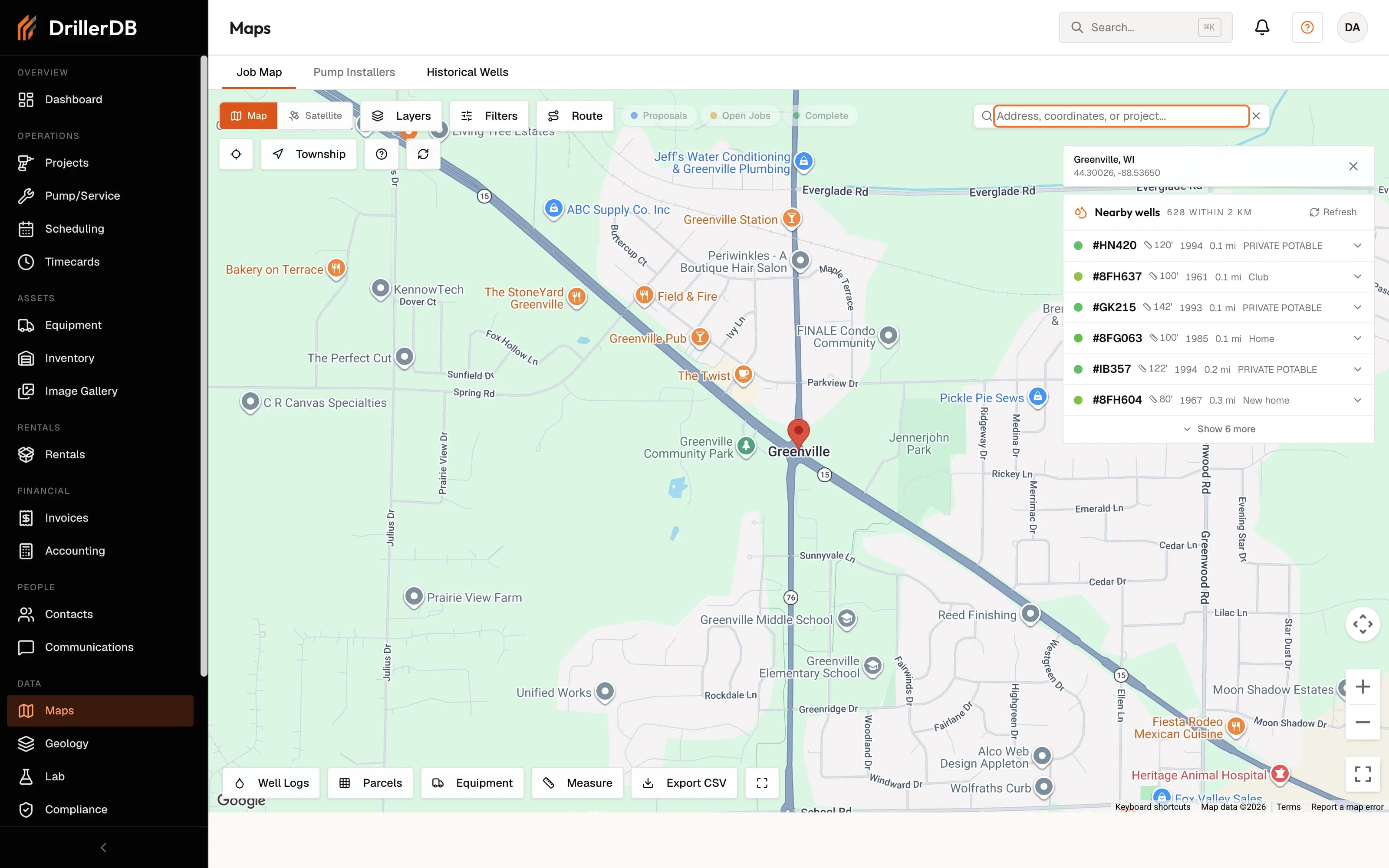 DrillerDB nearby wells — recorded well depths and geology around a job site