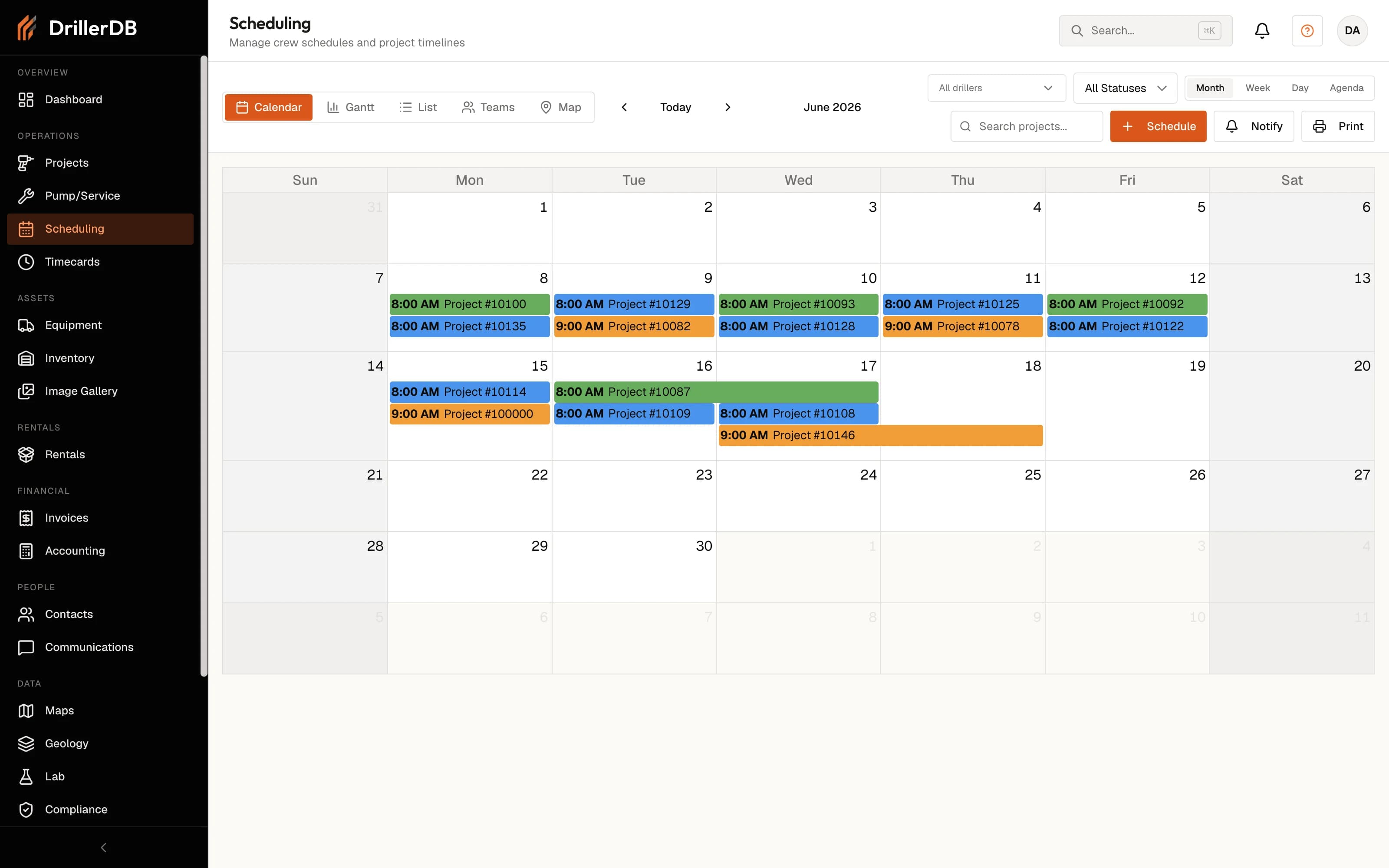 DrillerDB scheduling calendar — jobs placed across rigs and crews for the month