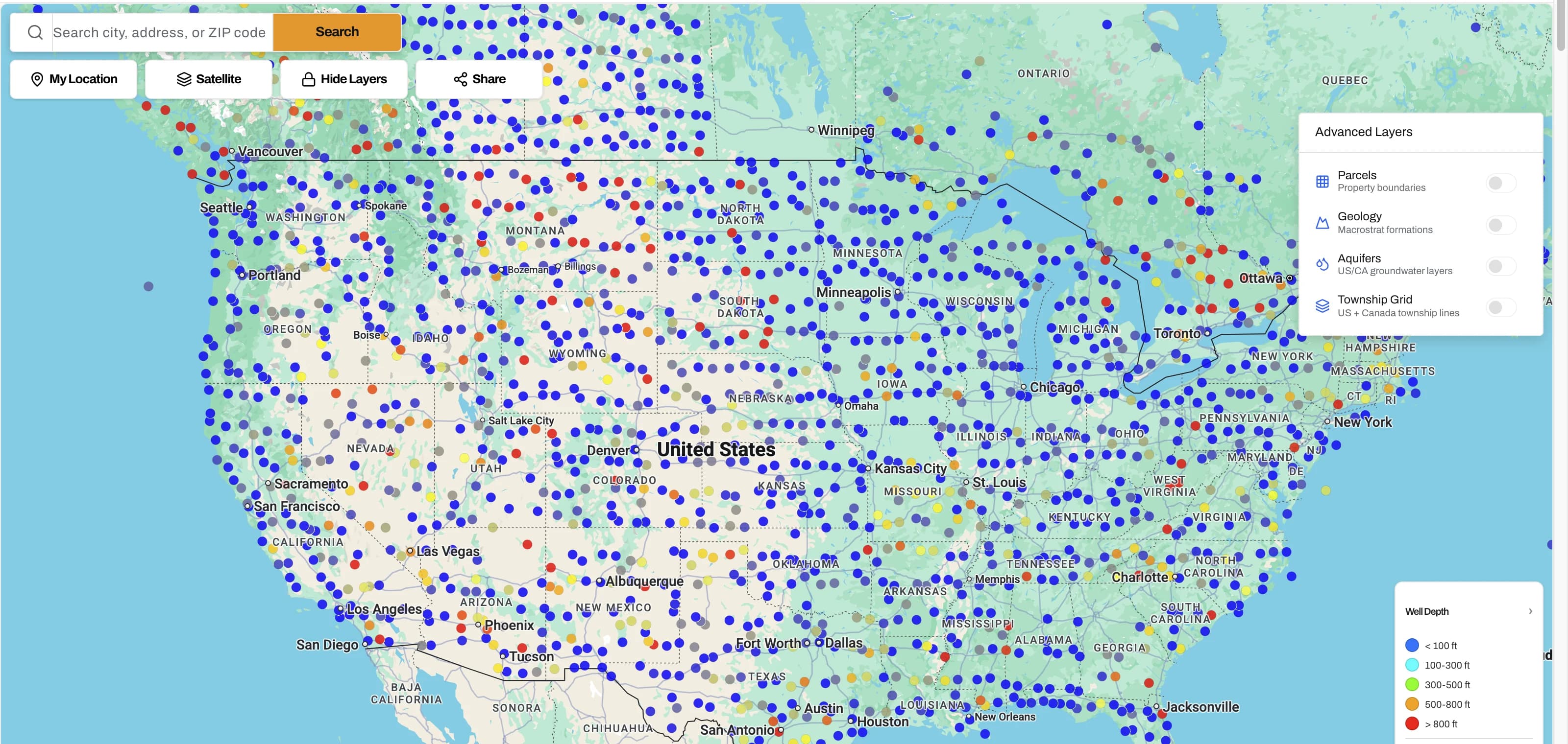 DrillerDB Well Map — recorded water wells across the entire United States, color-coded by depth